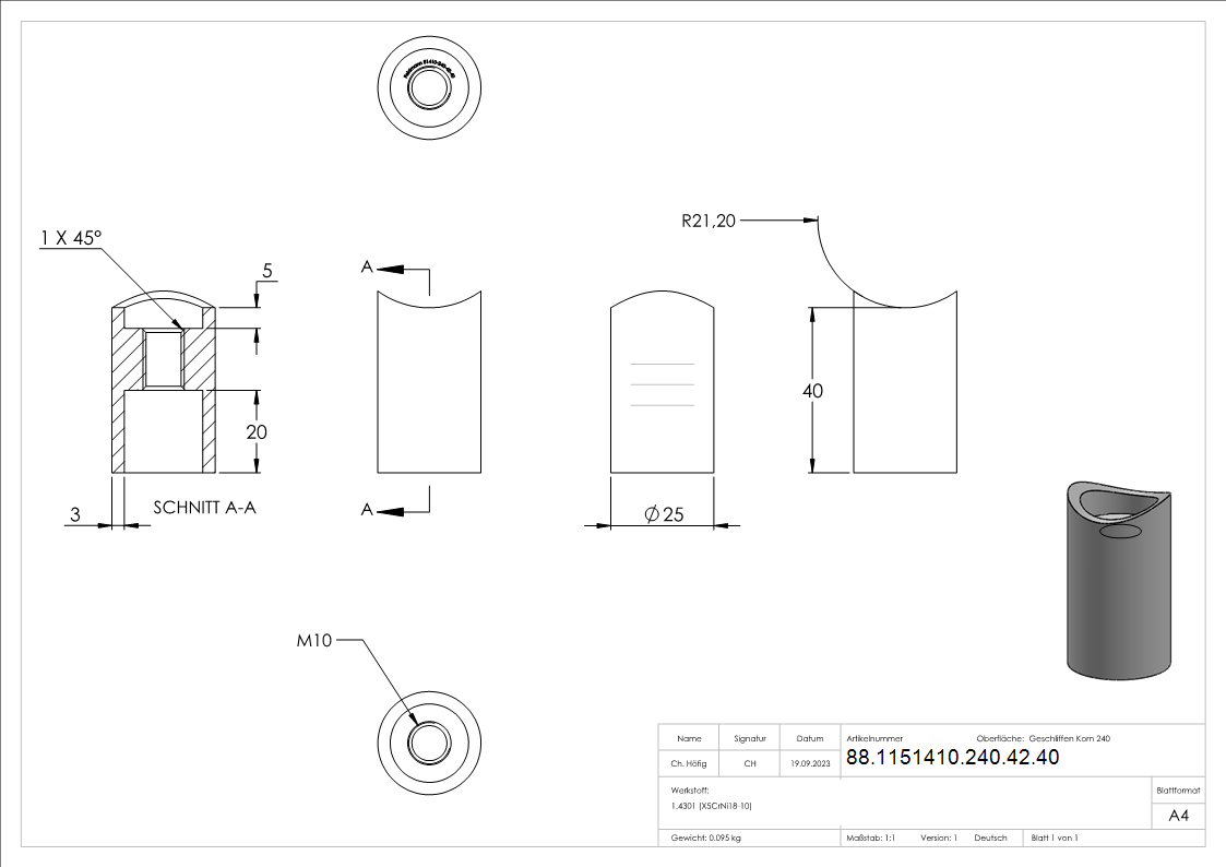 Entretoise pour tube 42,4mm, longueur 40mm, V2A