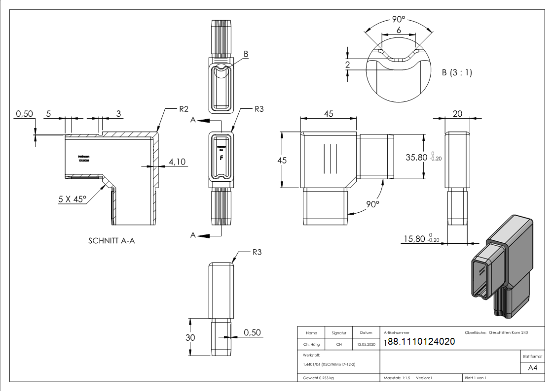 Connecteur 90° pour tube 40x20x2mm, V4A