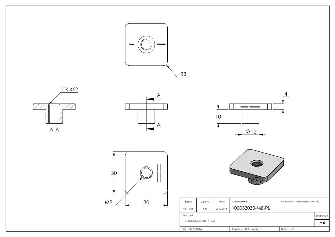 Capuchon plat V4A pour QR 30x30mm