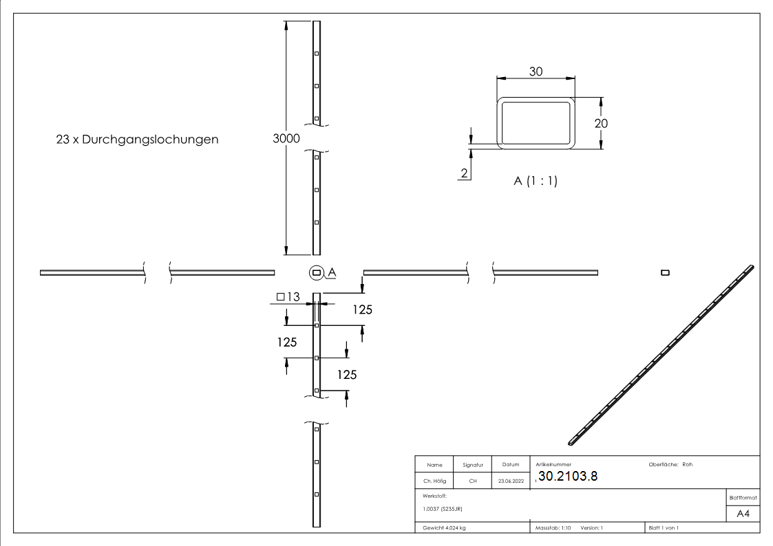 Tube rectangulaire | Dimensions : 30x20x2 mm | Longueur : 3000 mm | Acier S235JR, brut