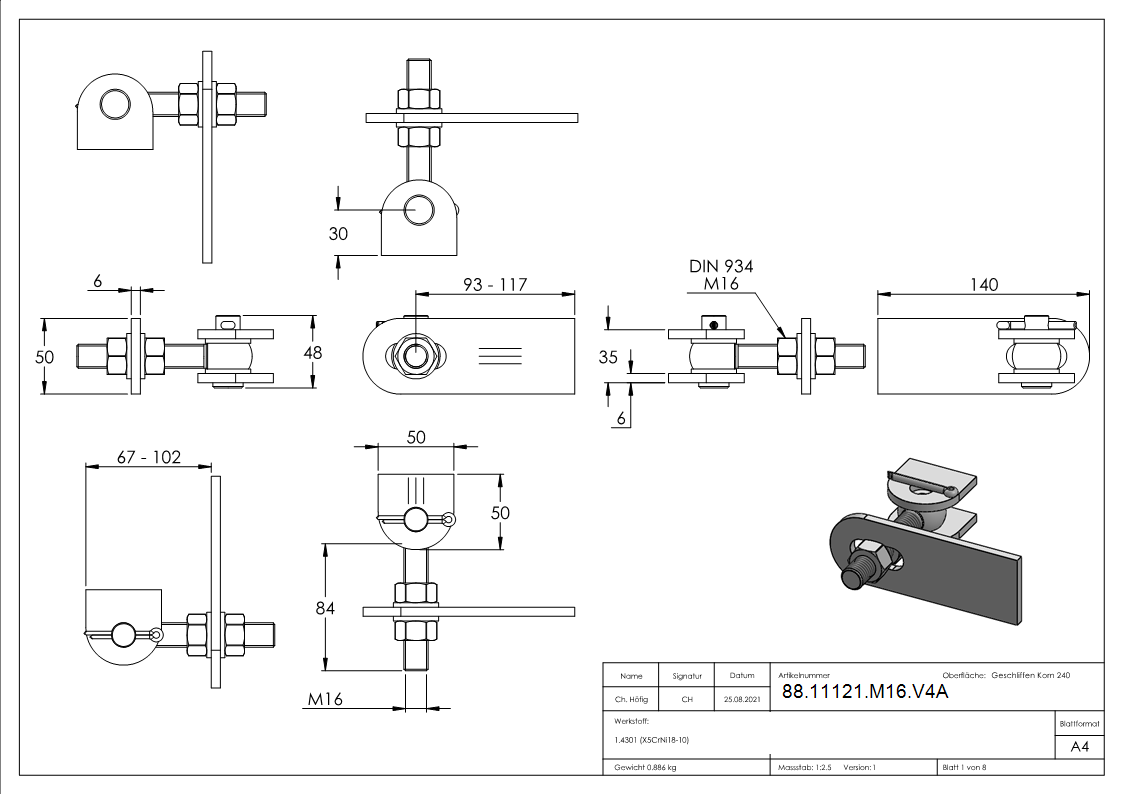 Charnière de portail réglable à 180°, filetage M16, V4A