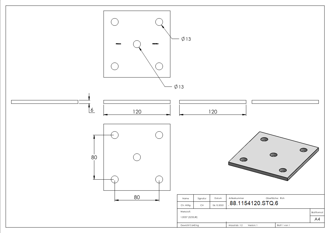 Ankerplatte 120 x 120 x 6 mm 5 Bohrungen |  Stahl roh