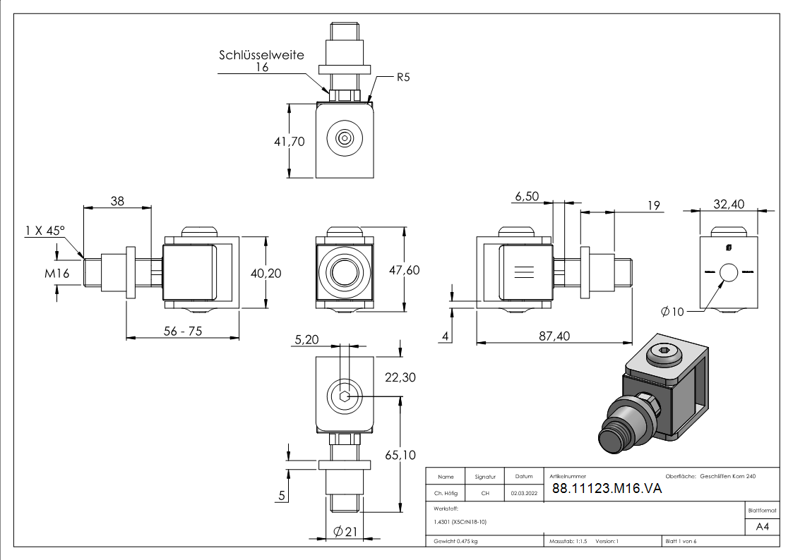 Charnière de portail réglable avec manchon fileté M16, V2A