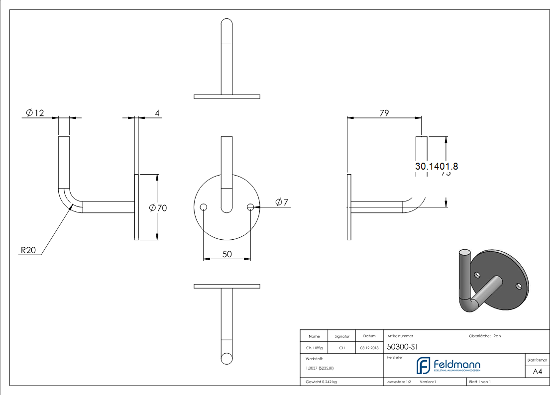 Handlaufhalter - mit Ronde 70x4 mm - zum Anschweissen - Stahl S235JR- roh-30-1401.8