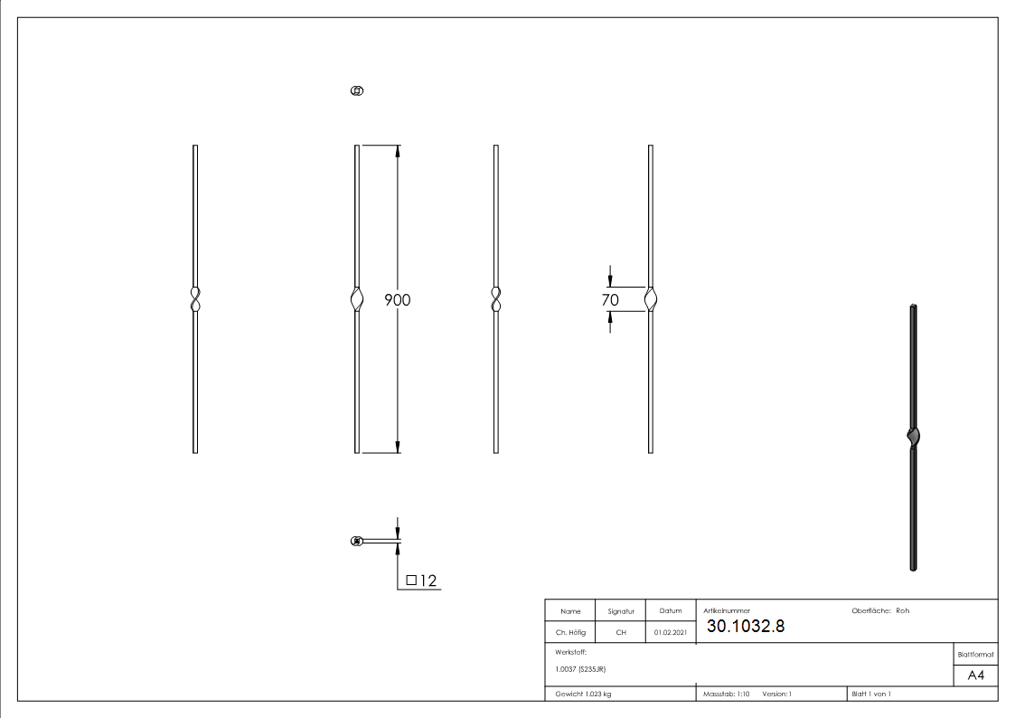 barre intermédiaire | longueur : 900 mm | matériau : 12x12 mm | lisse | acier S235JR, brut