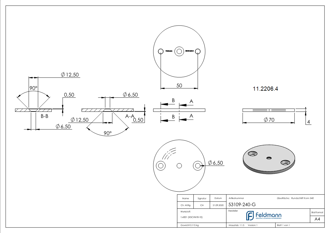 Plaque d'ancrage Ø 70 x 4 mm avec trou de centrage : Ø 6,5 mm, fraisés | V2A