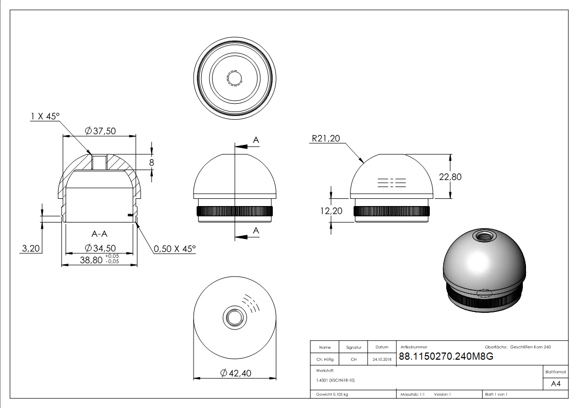 Bouchon avec filetage M8, pour tube 42,4 x 2,0mm, V2A