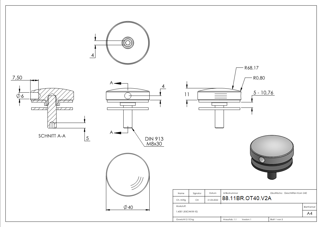 Partie supérieure Ø 40mm pour support Brenk, V2A