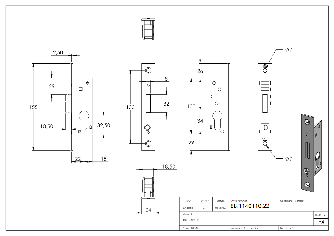 Serrure à pêne dormant à cadre tubulaire, distance d'encastrement 22 mm