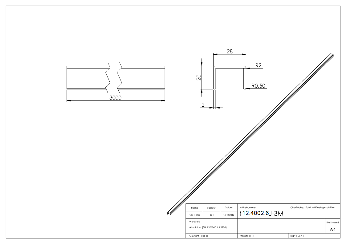 Profil en U | dimensions : 28x20x2 mm | longueur : 3000 mm | aluminium elox. E4/EV1