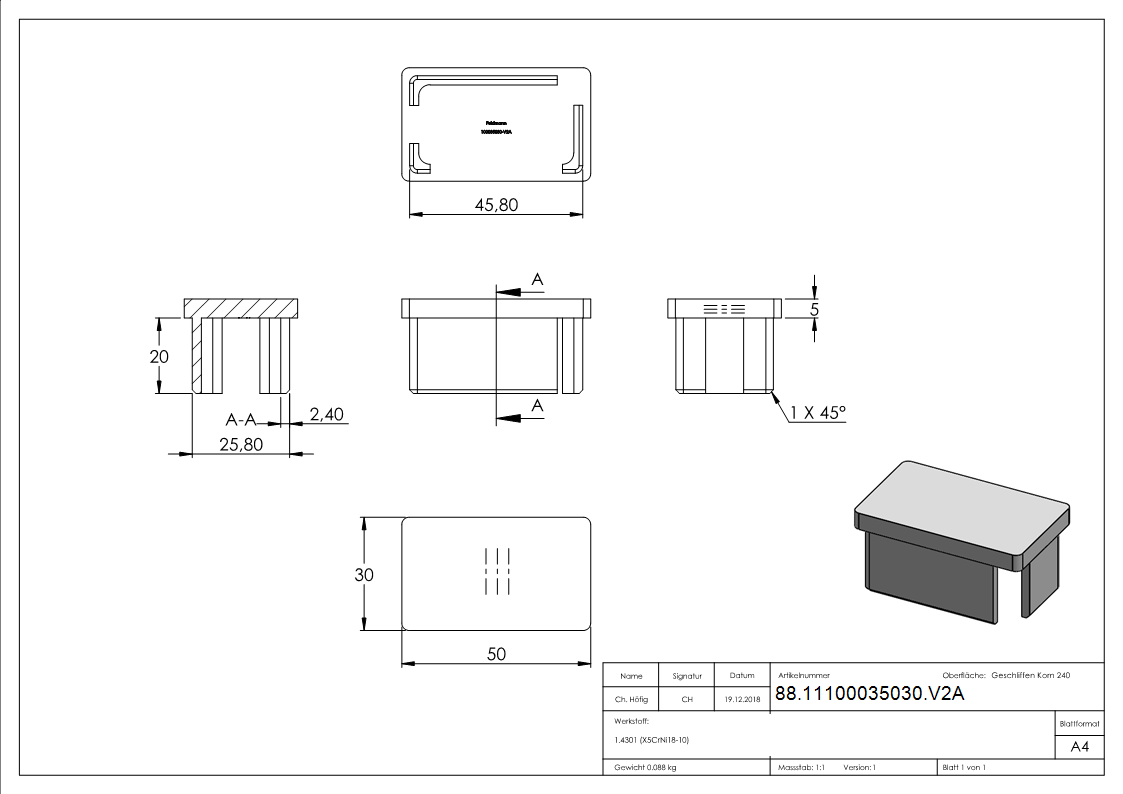 Bouchon enfichable, pour tube 50 x 30 x 2.0mm, V2A