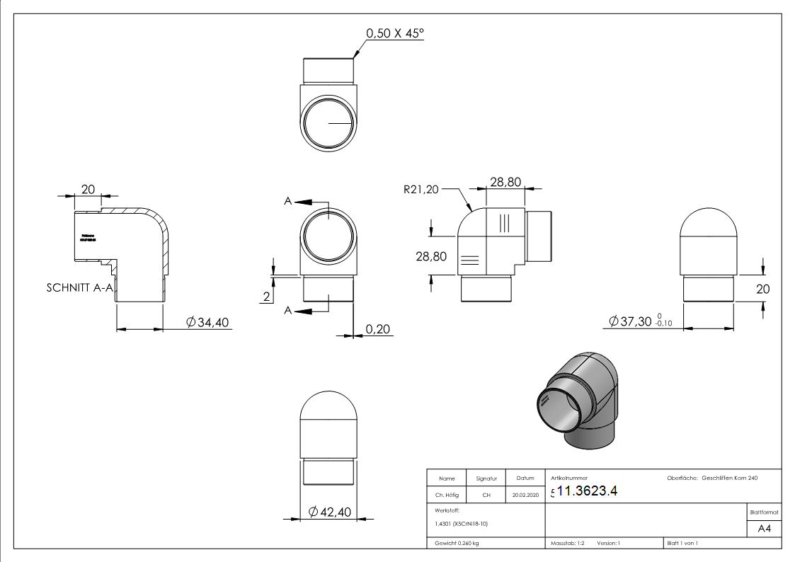 Coude 90° étroit, pour tube rond Ø 42.4x2.6 mm V2A