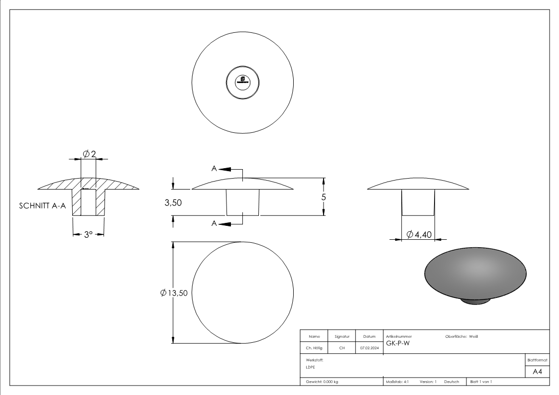 Capuchon en plastique pour vis à six pans creux M6, blanc