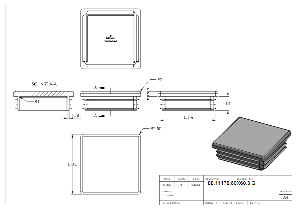 Capuchon plastique pour tube carré 60x60mm