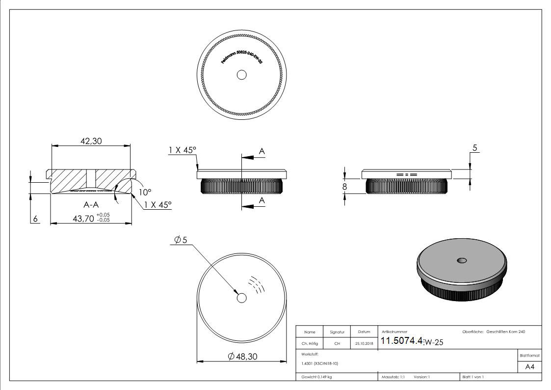 Bouchon plat V2A en matériau solide pour Ø 48,3x2,6 mm avec trou de drainage 5 mm