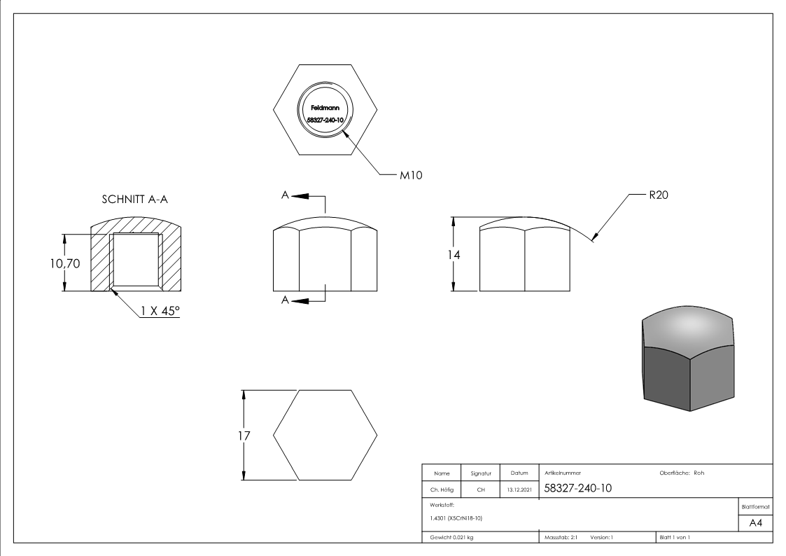 Ecrou hexagonal M10 à tête plate, DIN 917, A2