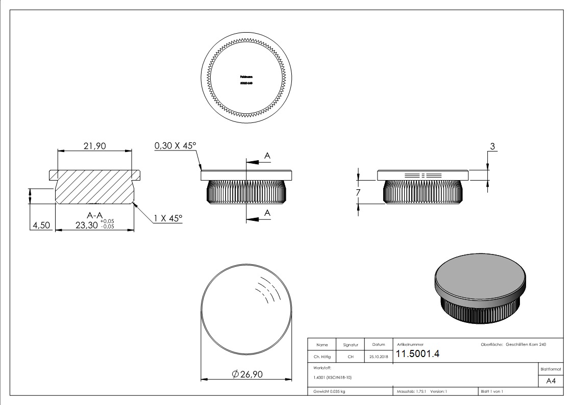 Bouchon plat pour Ø 26,9x2,0 mm V2A matériau plein