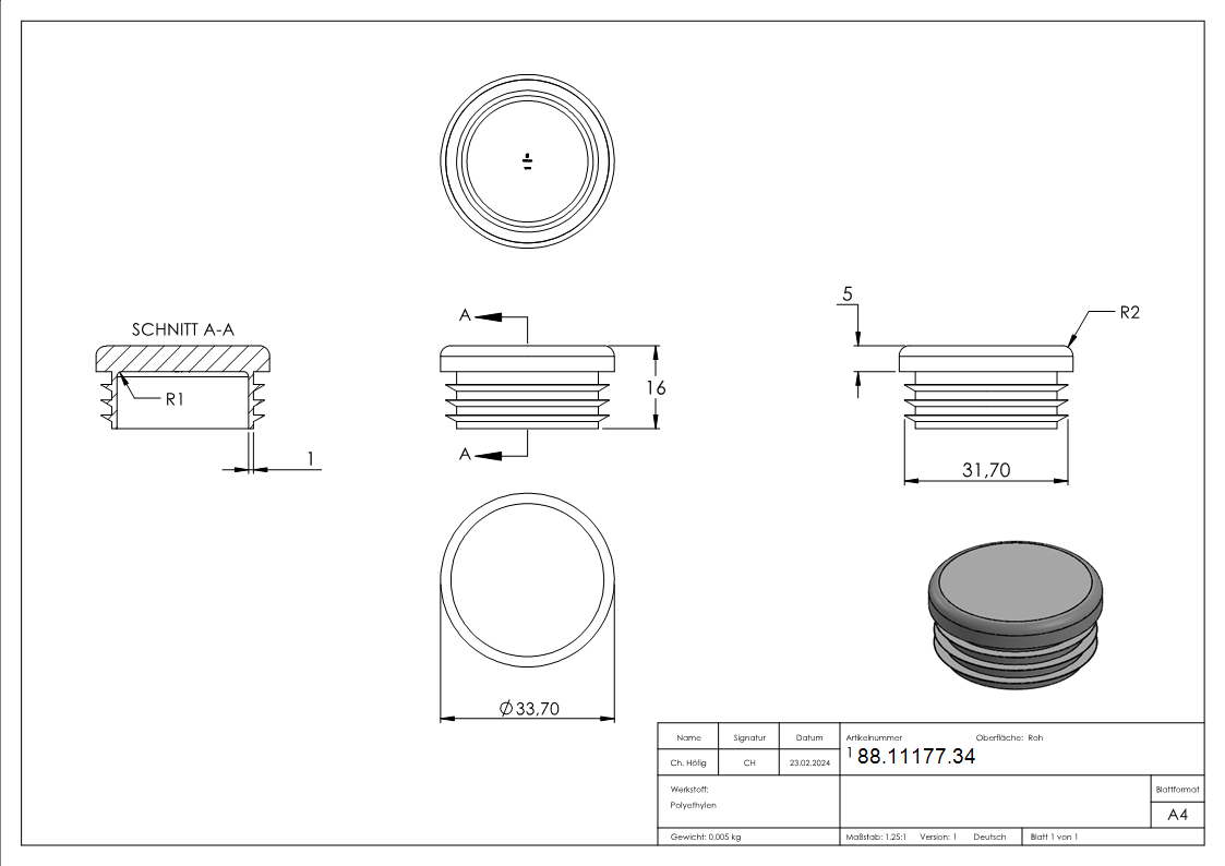 Capuchon en plastique pour tube rond 33.7mm
