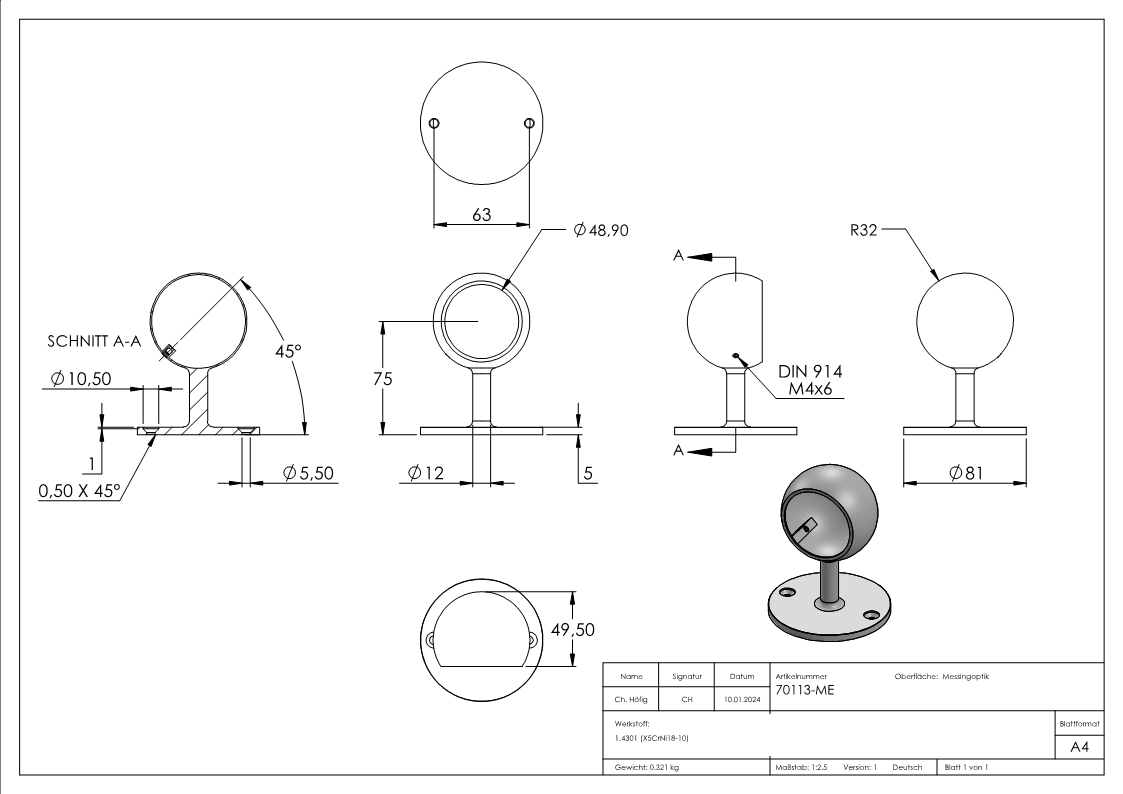 Support d'extrémité de tube, pour tube 48,3mm, optique en laiton