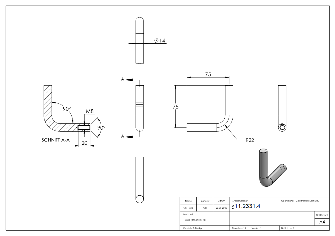 Equerre | Ø 14 mm | avec filetage intérieur : M8 | à souder sur | V2A