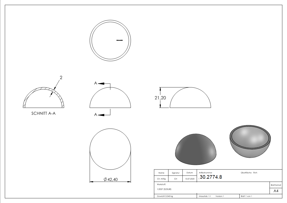 Boule semi creuse Ø 42 mm | lisse | acier S235JR, brut