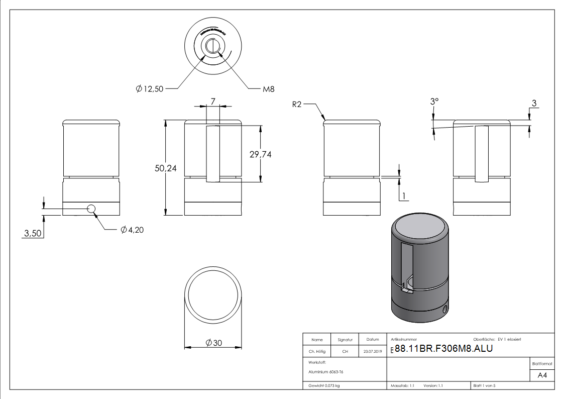 Support de base Brenk pour barres plates 30 x 6mm, ALU