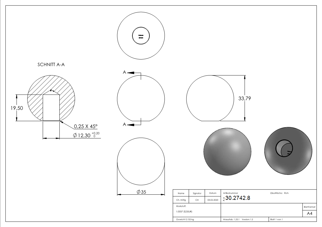 Boule Ø 35 mm | avec trou borgne 12,2 mm | acier S235JR, brut