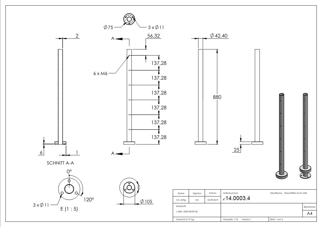 Poteau de garde-corps | pour 6 supports de barre transversale M6 | longueur : 880 mm | V2A