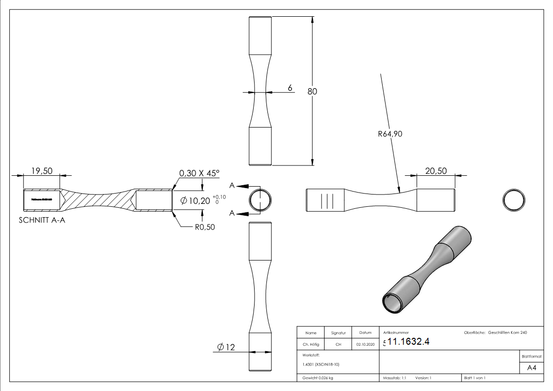 Raccord pour barre ronde | pour cintrage | pour tube-Ø : 10 mm | V2A
