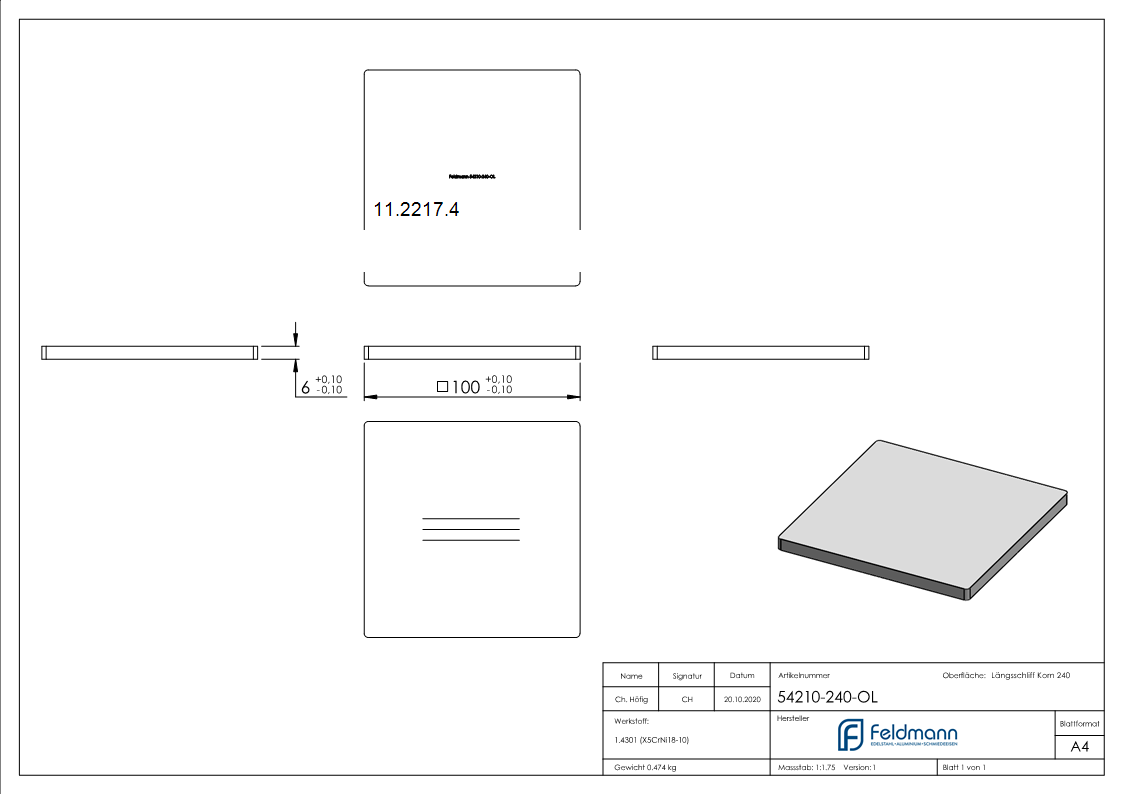 Plaque d'ancrage | Dimensions : 100 x 100 x 6 mm | V2A