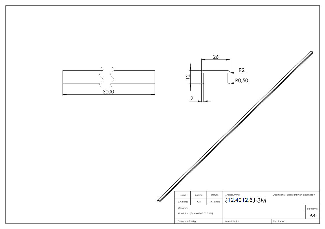 Protection des bords | Dimensions : 26x12x2 mm | Longueur : 3000 mm | Aluminium elox. E4/EV1