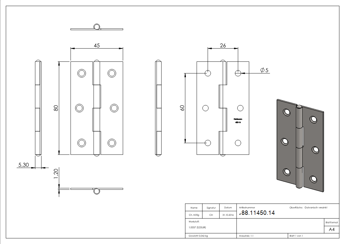 Charnière 80 x 45mm avec axe fixe