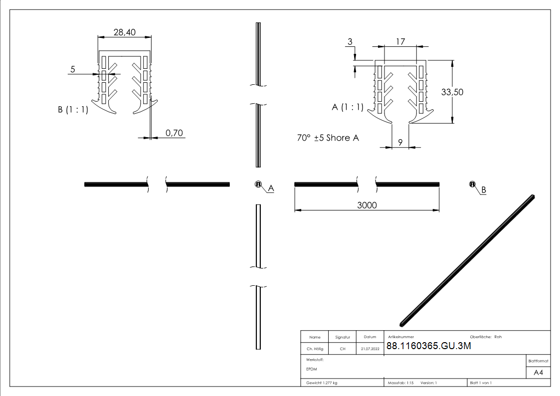 Joint à coin verre 10,00 - 13,52mm, pour rainure 27 x 30mm, longueur 3m, EPDM