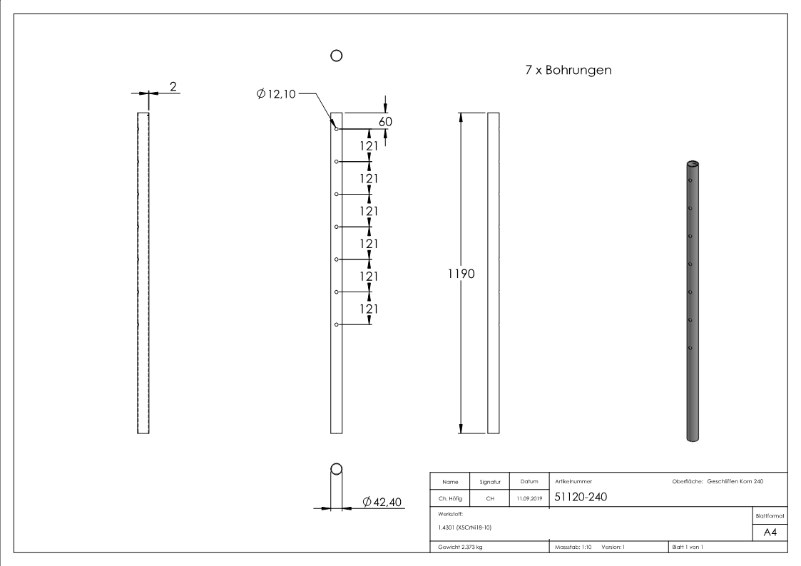Poteau en acier inoxydable du tube 42,4mm x 2,0mm, V2A