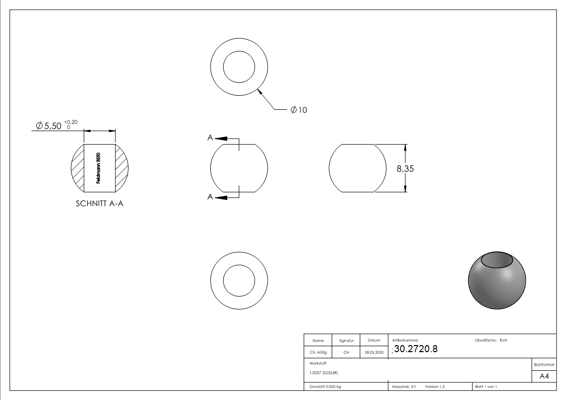Bille d'annicier | Ø 10 mm tête | Ø 4 mm alésage | acier S235JR, brut