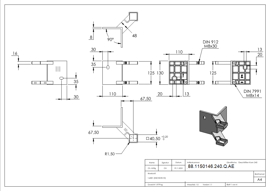 Montage mural comme angle extérieur pour poteaux 40 x 40mm, V2A