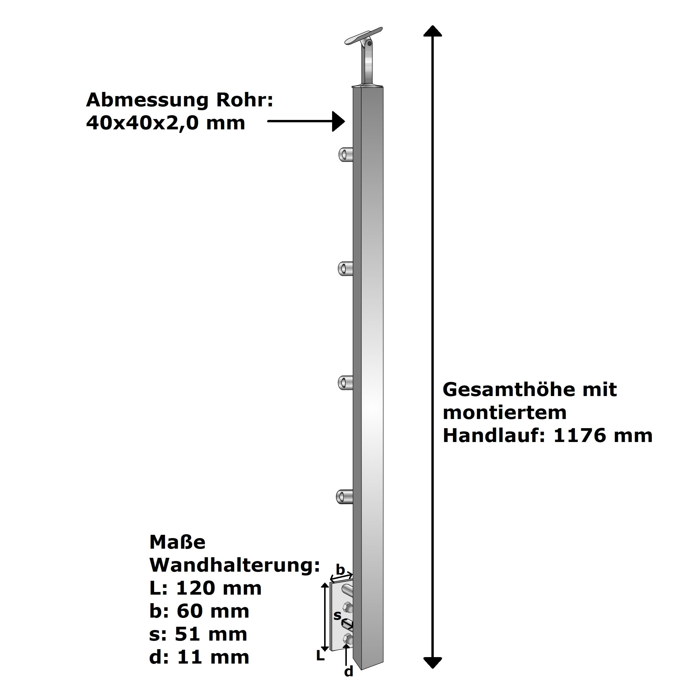 Poteau de balustrade | longueur : 900 mm | pour montage latéral | V2A