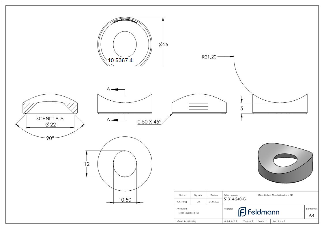 Pièce de compensation | pour raccordement : Ø 42,4 mm | Ø extérieur : 25 mm | V2A