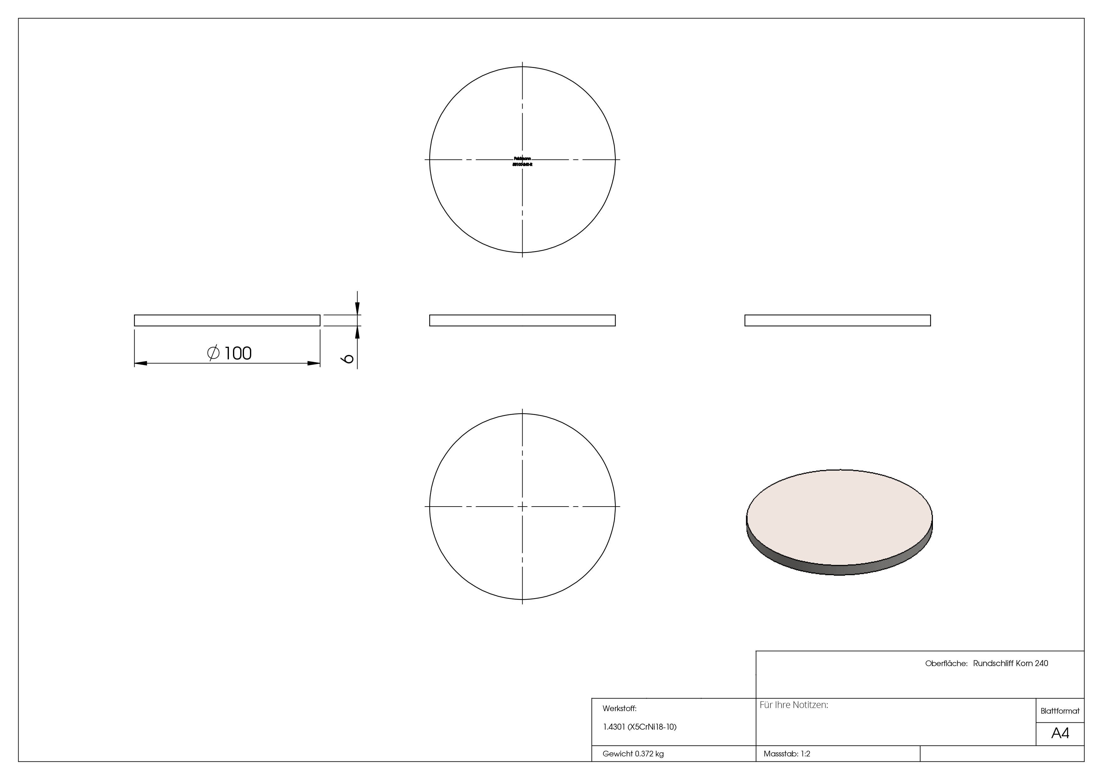 Ebauche circulaire | Dimensions : Ø 100x6 mm | avec meulage circulaire | V2A