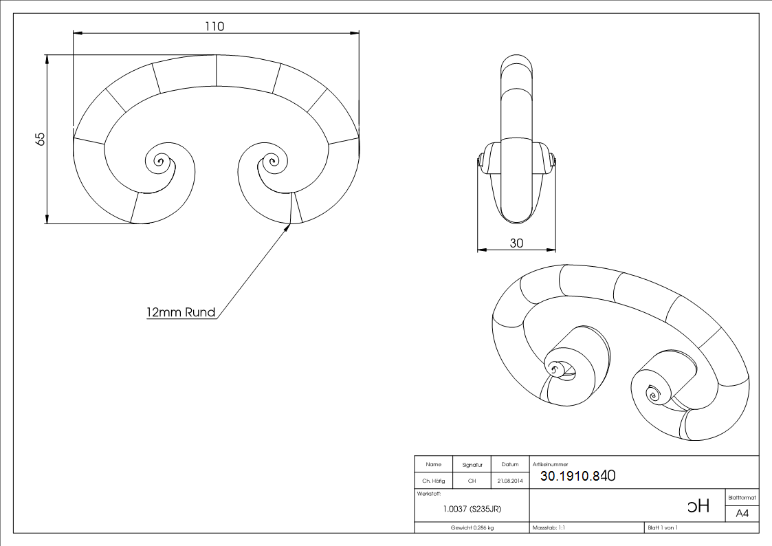 Fer rond baroque | Dimensions : 110x60 mm | Matériau : Ø 12 mm | Acier S235JR, brut