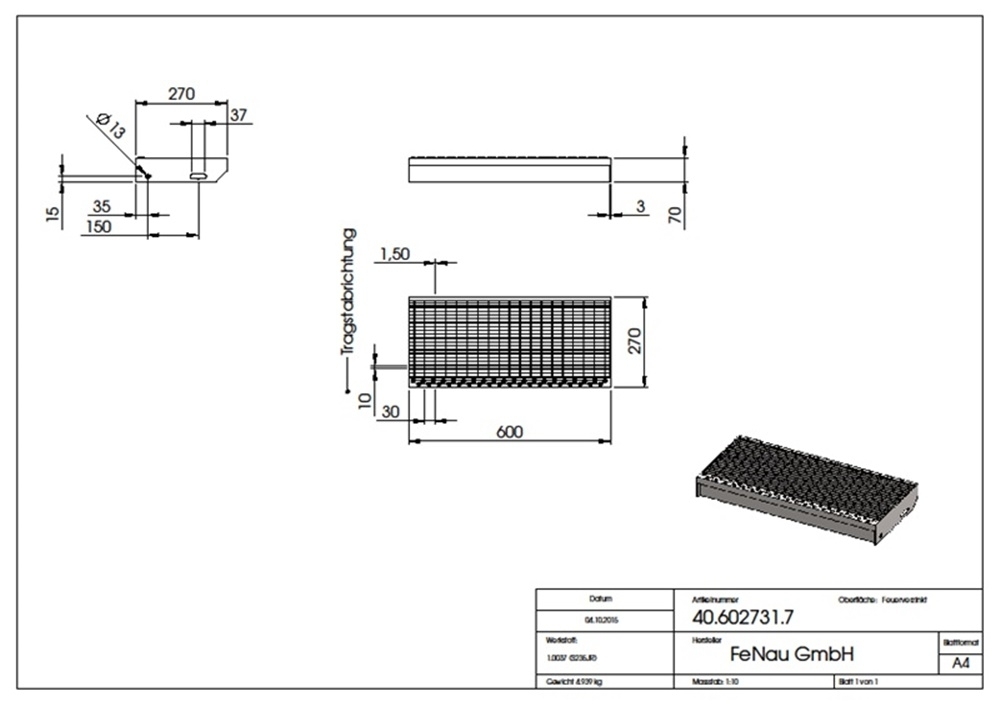 Marche en caillebotis Marche d'escalier | Dimensions : 600x270 mm 30/10 mm | S235JR (St37-2), galvanisé à chaud en bain complet
