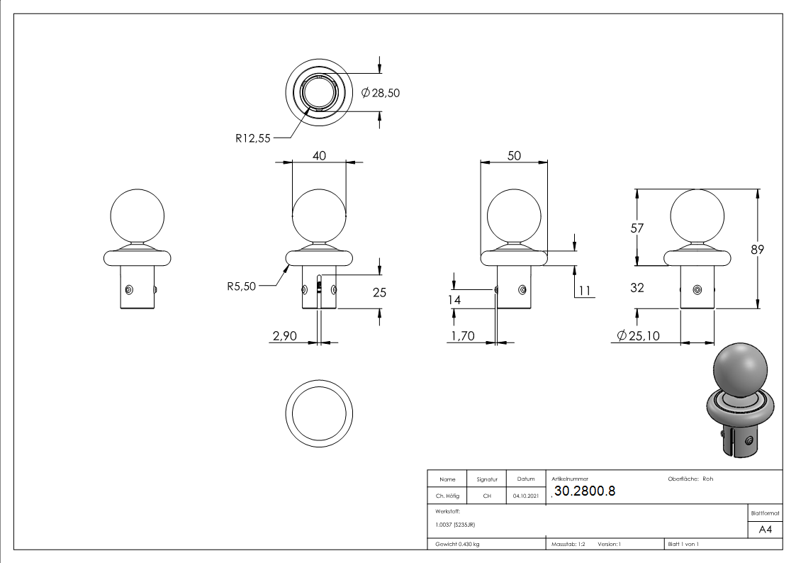 Bouton de tube à bille pour Ø 33.7x2.5-2.9 mm | Acier S235JR, brut