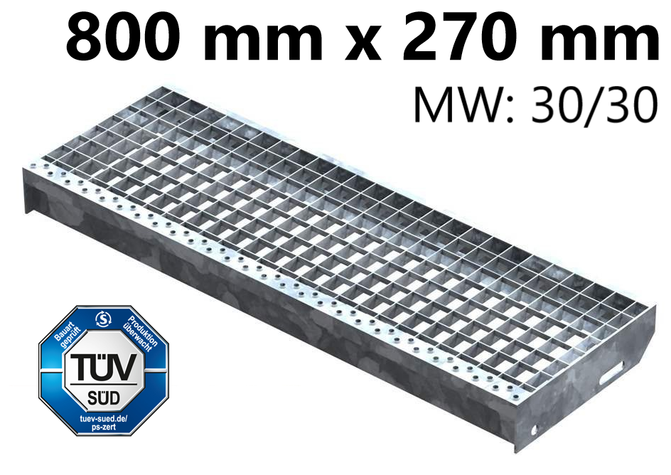 Marche en caillebotis Marche d'escalier | Dimensions : 800x270 mm 30/30 mm | S235JR (St37-2), galvanisé à chaud en bain complet