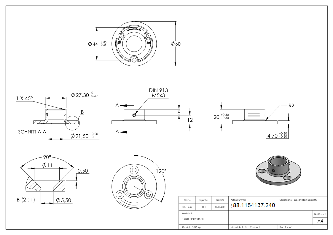 Ancrage au sol pour tube 21,3mm, V2A
