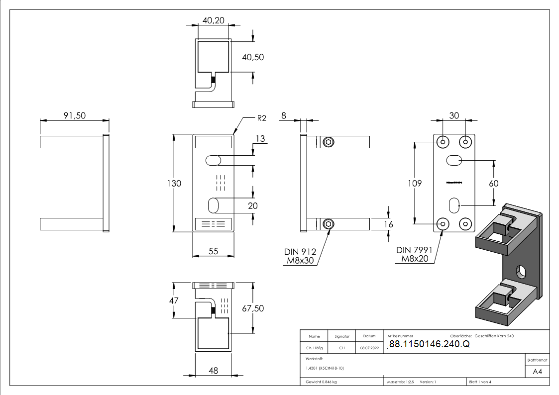Fixation murale pour poteaux 40 x 40mm, V2A