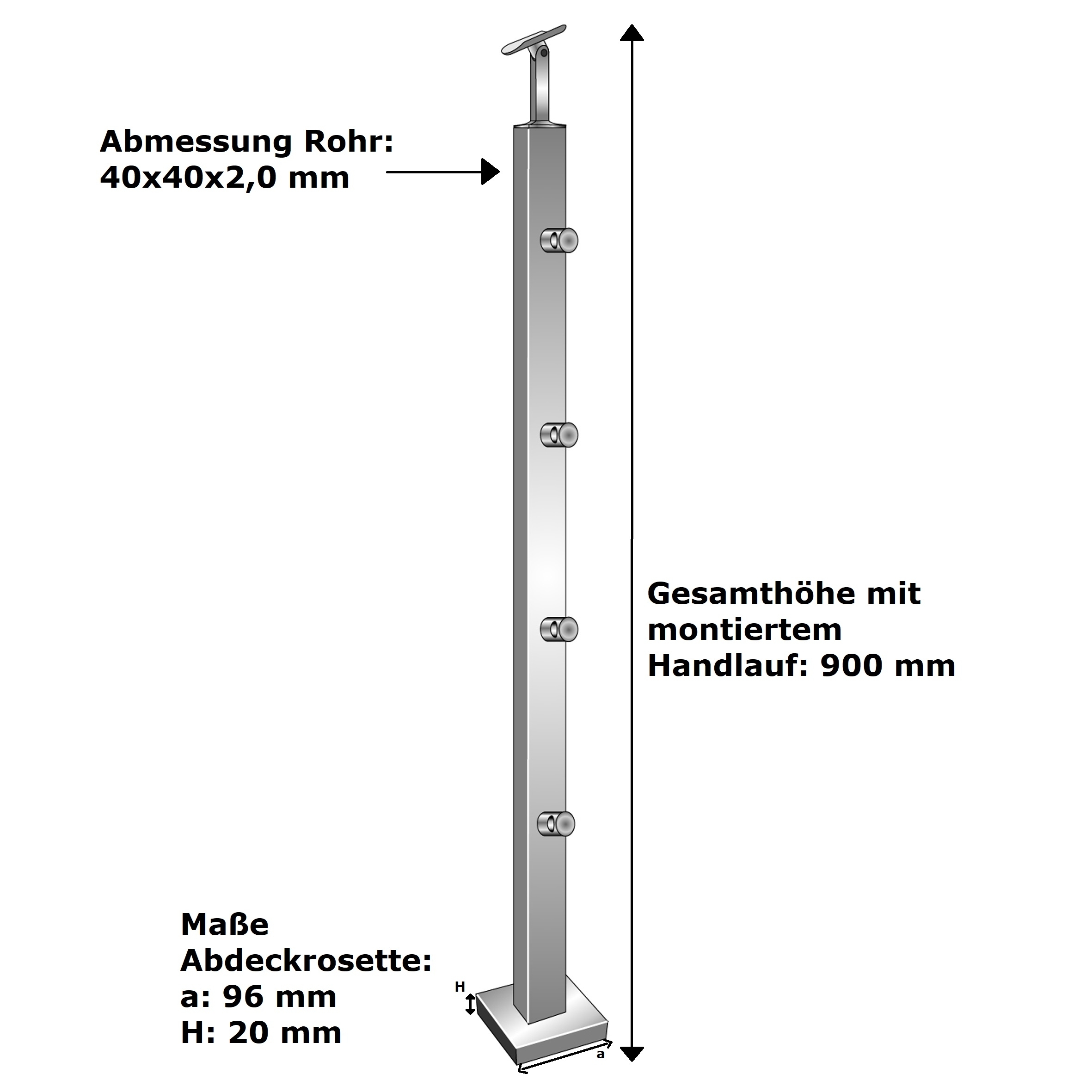 Poteau de balustrade | longueur : 900 mm | pour montage en surface | V2A