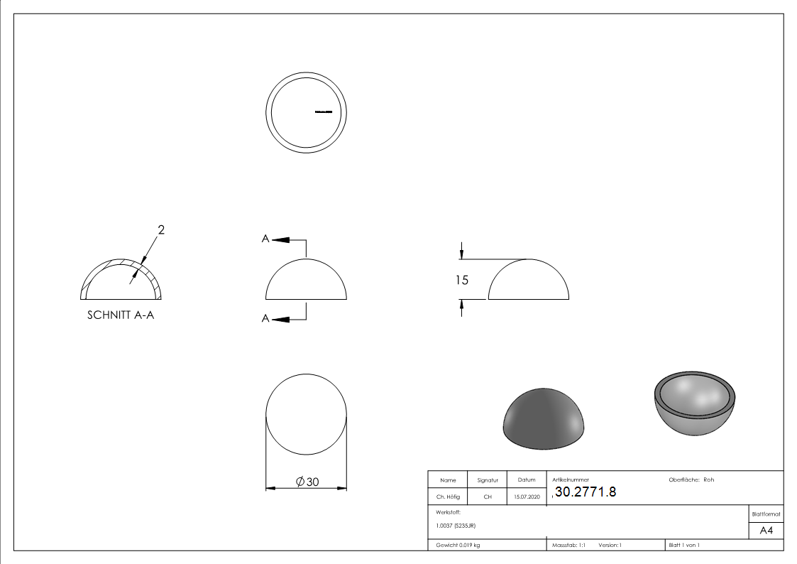 Boule semi creuse Ø 30 mm | lisse | acier S235JR, brut