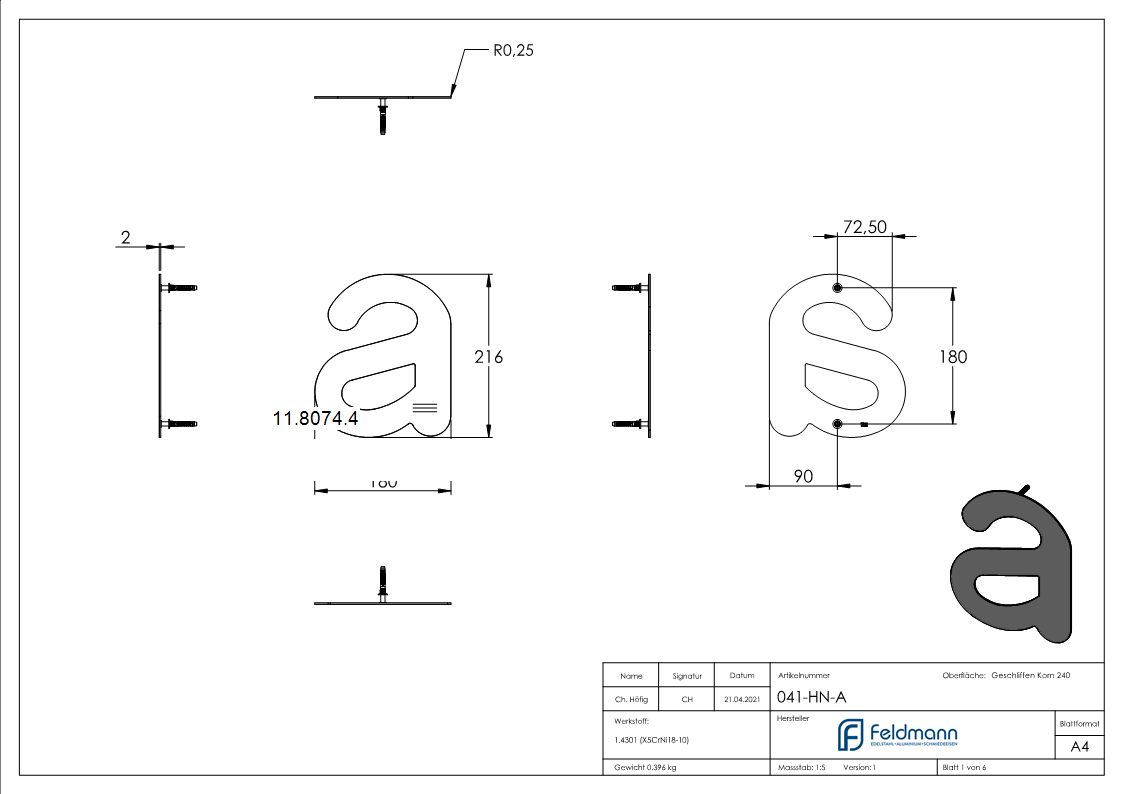 Lettre a | grande | Dimensions : 200 mm x 300 mm | V2A