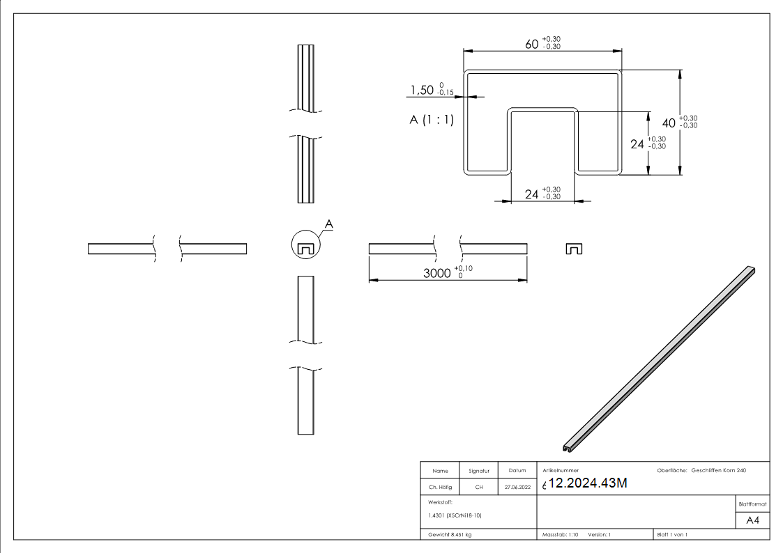 Tube rectangulaire rainuré Ø 60 x 40 x 1,5 mm avec rainure 24x24 mm á 3 m