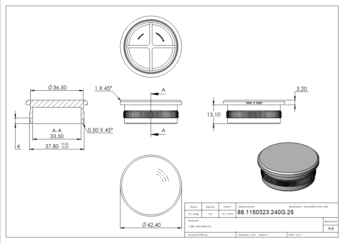 Bouchon, pour tuyau 42,4 x 2,5mm, V2A